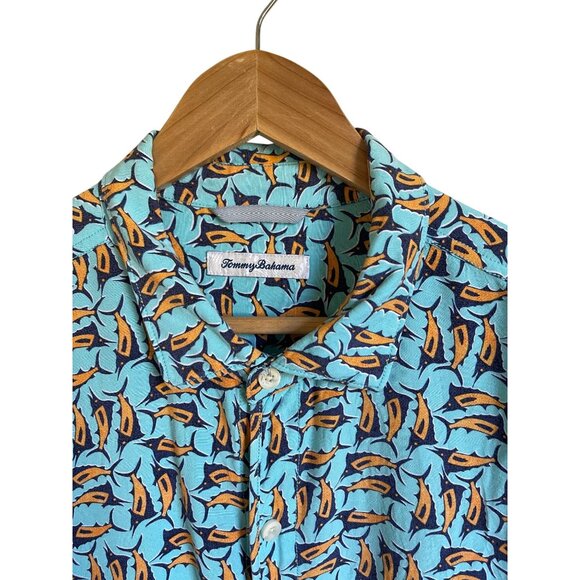 Tommy Bahama Size XL Blue Orange All Over Print Swordfish Button Up Casual Colla - Picture 3 of 8